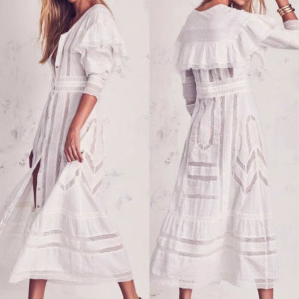 LoveShackFancy Delphine Ruffle Midi Dress White Size 2 New